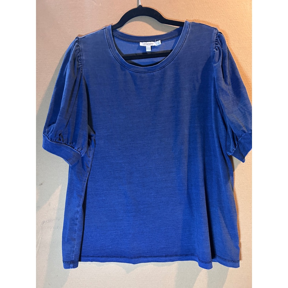 Chico's Puff Sleeve Top‎ Womens XL 3 Blue Excellent Smocked Cuff Lyocell Blend